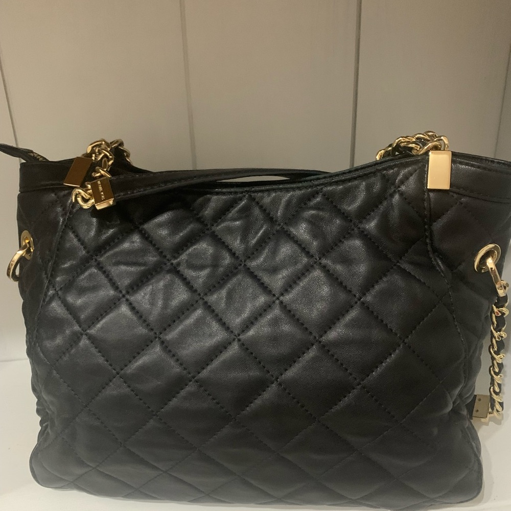 Michael Kors Black Leather Quilted Shoulder Bag with Gold Accents - Picture 4 of 11